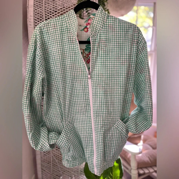VINTAGE Teddi Reversible Cottagecore Cherry Gingham Zip Up Medium Windbreaker - Picture 8 of 11